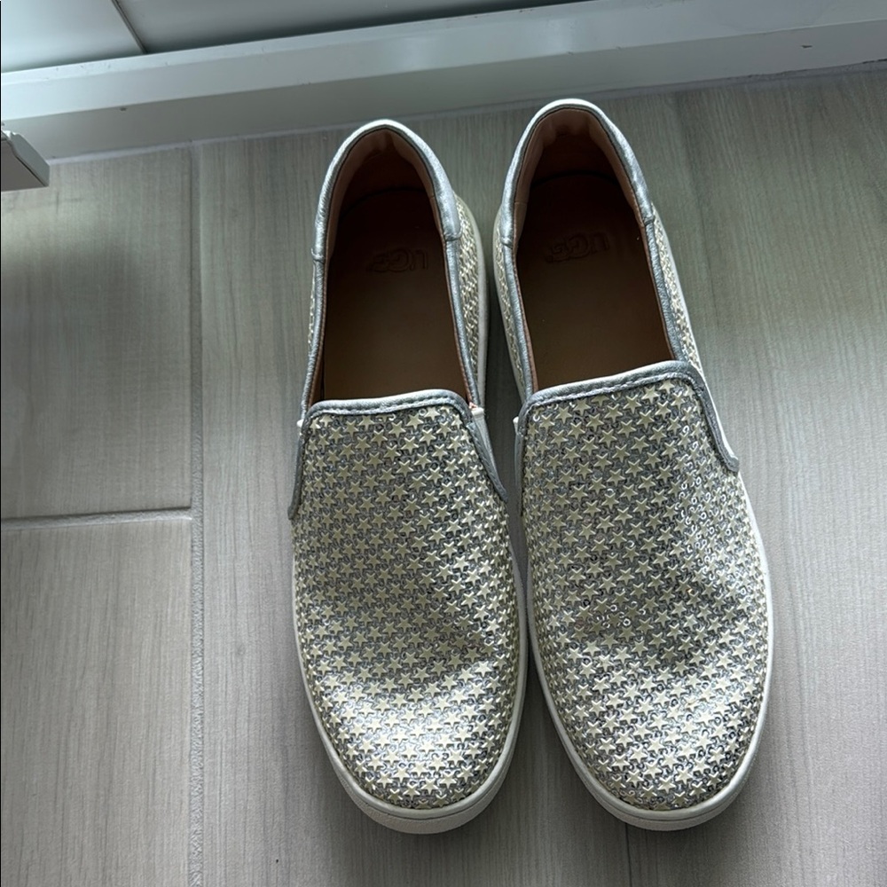 UGG Metallic Silver Slip-On Flats with Star Stud Pattern